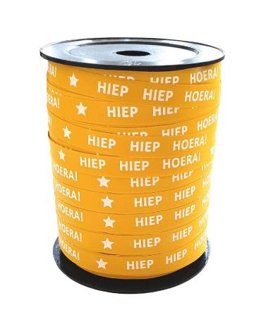 Afbeeldingen van KP® Bedrukt krullint - Hiep Hiep Hoera - Okergeel - 10mmx150m