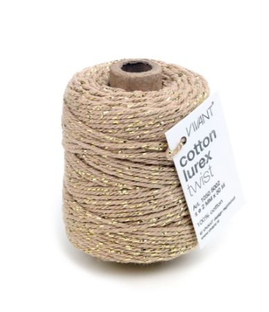 Katoen koord Lurex 2mm 50m, Naturel / metallic Goud