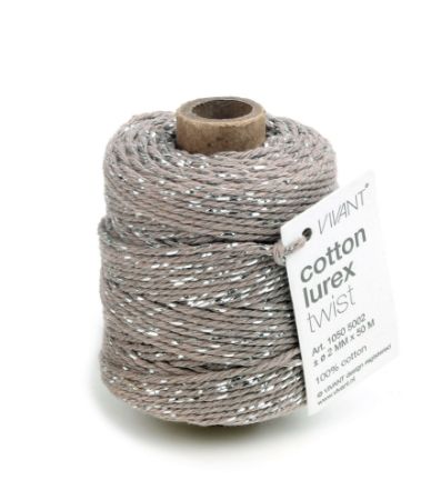 Katoen koord Lurex 2mm 50m, Grijs / metallic zilver