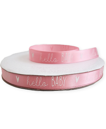 KP® Satijn lint 10mm - Hello Baby, roze 100m