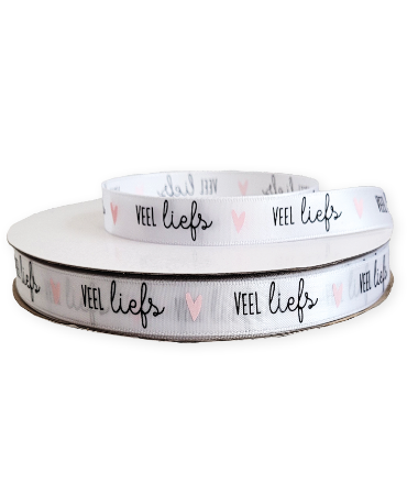 KP® Satijn lint 10mm - Veel liefs, wit 100m