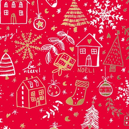 Afbeeldingen van Coated cadeaupapier 40cm 200m - Happy Holidays red/gold