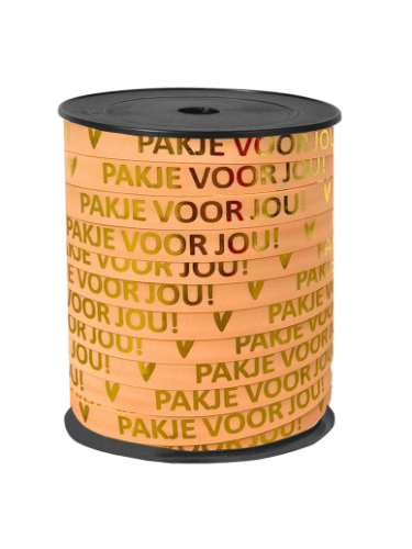 KP® Bedrukt cadeaulint - Pakje voor jou Peach/Goud - 10mmx150m bedrukt cadeaulint, cadeaulint, kadolint, linten