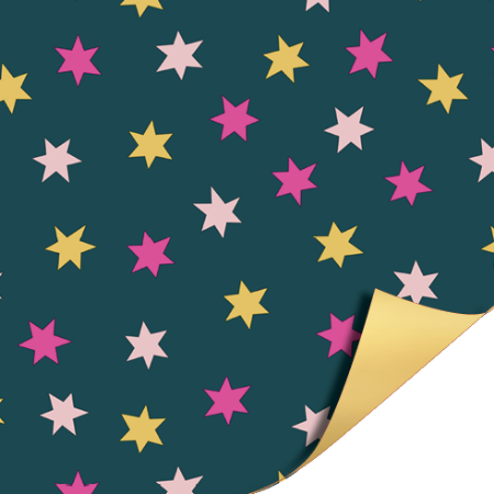 Afbeeldingen van Coated papier 30cm 100m - Big stars Pink/Gold AZ Gold