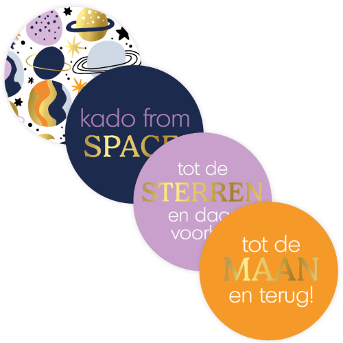 KP® Stickers D50mm - Galaxy (4 varianten) 250p/r stickers, wensetiketten, sluitstickers, goudfolie