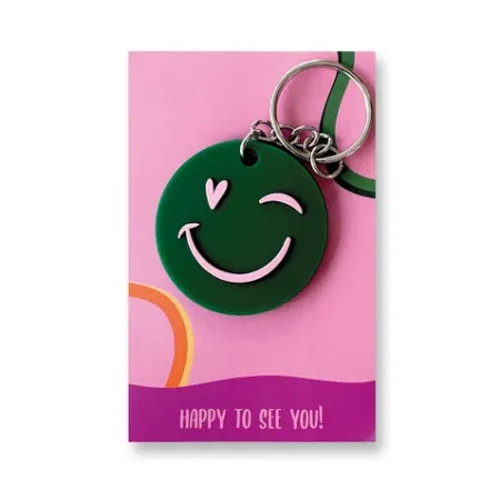 Sleutelhanger Smiley + Hart – Happy to see you – D40mm – PVC sleutelhanger met knipoog