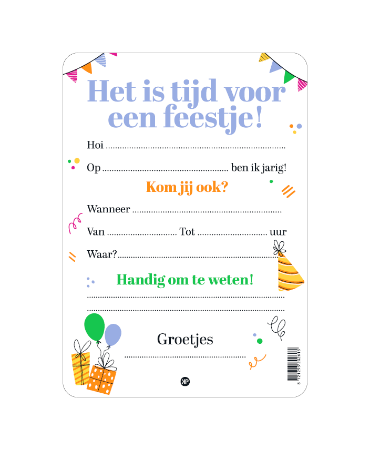 A6 uitnodiging achterkant invulvelden 'Het is tijd voor een feestje', set van 10 stuks