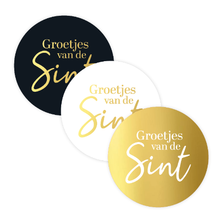 Sinterklaas sticker Groetjes van de Sint zwart wit goud – 3 varianten – D40mm