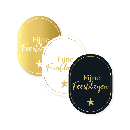 Wensetiket Fijne feestdagen wit zwart goud – 3 varianten – D40mm