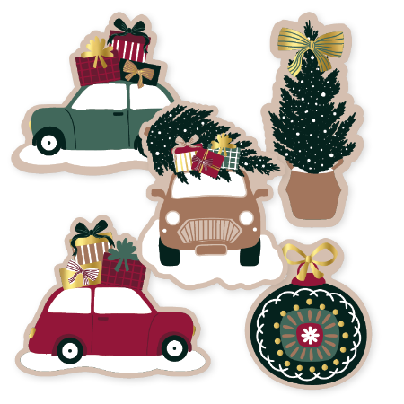 Kerststickers kerstauto en kerstboom – 5 varianten – 56x47mm