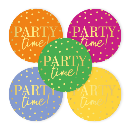 Verjaardag sticker ‘Party time’ – 5 verschillende kleuren – D50mm