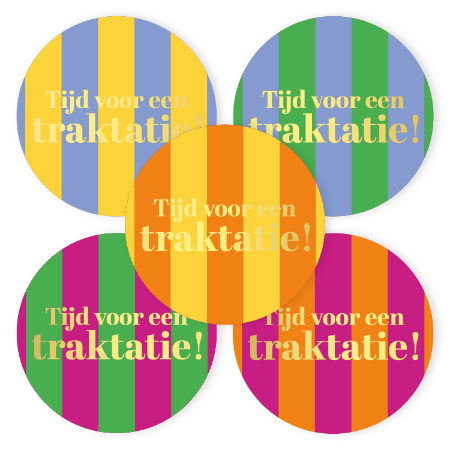 Cadeau stickers ‘Tijd voor een traktatie’ – 5 varianten – D50mm