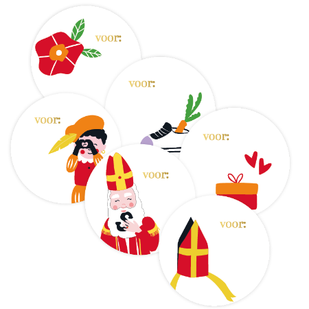 Sinterklaas stickers wit met illustratie - 'Voor:' Cadeaustickers – 6 varianten – D50mm