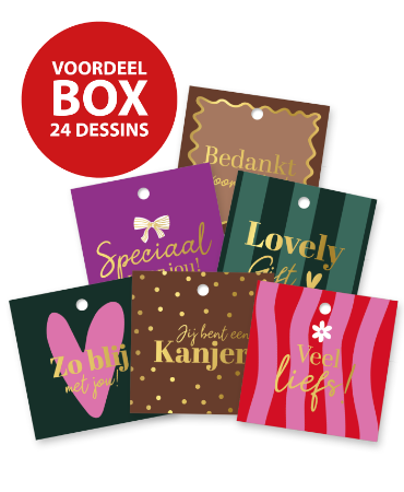 Box cadeauabels 60x60mm 24dessins, per dessin 30 stuks
