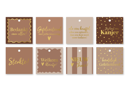 Cadeaulabel voor elk gelegenheid - Hang labels - 8 verschillende dessins - bruine/beige kleuren