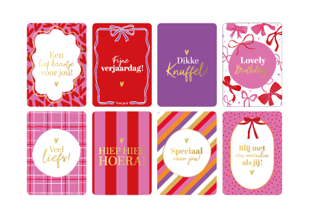 Cadeaukaarten A5 - 8 verschillende dessins, per dessin 25 stuks - voor jou roze/rood