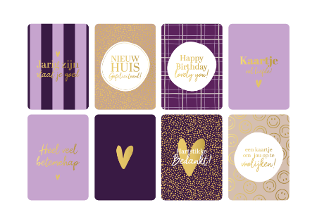 Cadeaukaarten A5 - Voor elke gelegenheid - 8 verschillende dessins, per dessin 25 stuks - Paars/goud