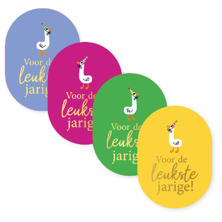 Verjaardagssticker ‘Voor de leukste jarige’ met illustratie – 4 varianten – 43x59mm - Cadeaustickers