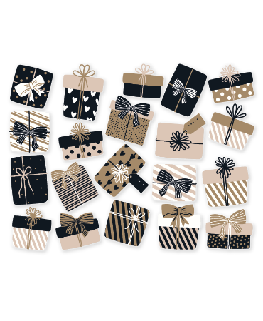 Feestelijke raamsticker met zwarte en gouden cadeautjes voor speciale gelegenheden.