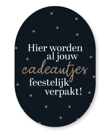 Raamsticker 40x60cm ovale vorm, zwarte achtergrond met gouden sterretjes, tekst "Hier worden al jouw cadeautjes feestelijk verpakt!" raamdecoratie Kerst, voor cadeau-inpak sfeer