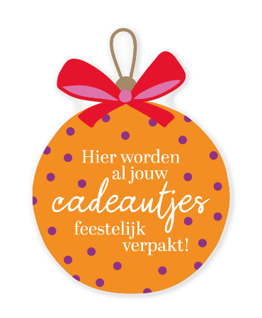 Raamsticker 37x50cm, oranje kerstbal met tekst “Hier worden cadeautjes feestelijk verpakt!”, raamdecoratie Kerst, feestelijke raamstickers voor winkels