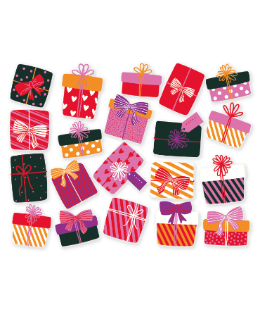 Verschillende gekleurde cadeautjes als raamsticker voor feestelijke gelegenheden.