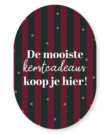 Raamsticker 40x60cm ovale vorm, kerstkleuren achtergrond, witte tekst "De mooiste kerstcadeaus koop je hier" voor winkelramen en kerstdecoratie