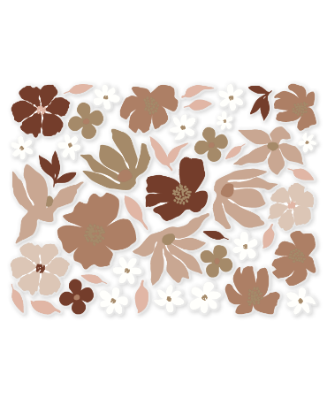 Raamsticker met losse bloemen in wit- en mokkakleuren voor zachte look.