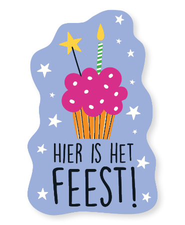 Raamsticker met feestelijke boodschap 'Hier is het feest!' voor evenementen, wonen en winkels.