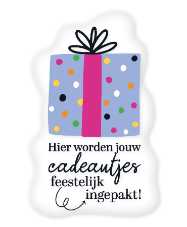 Transparante raamsticker met 'Hier worden jouw cadeautjes feestelijk ingepakt'