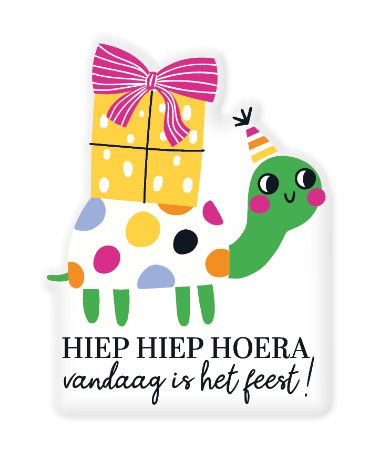 Transparante feest-raamsticker met vrolijke felicitatie en feest schildpad