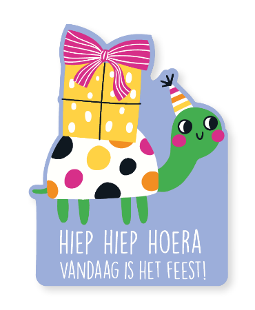 Raamsticker met kleurrijke felicitatie en feestschildpad voor verjaardagen of feestdagen.