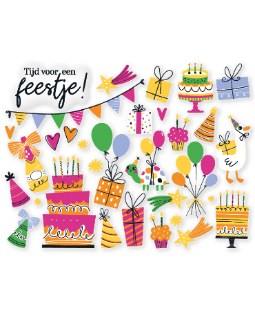Raamsticker met losse vrolijke verjaardagsillustraties en teksten.
