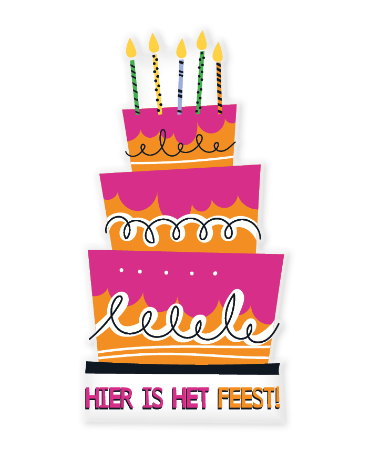Roze/Oranje Raamsticker in de vorm van een taart met 'Hier is het feest!' tekst.
