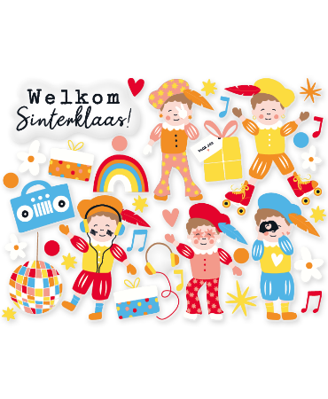 Raamsticker in diverse maten met feestende Pieten illustraties, vrolijke Sinterklaas raamdecoratie voor winkels en thuis