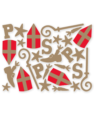Raamsticker met vrolijke mijter- en Sinterklaasdecoraties in rood/goud.