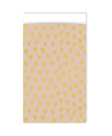 Beige cadeauzakje met kleine gouden hartjes - 12x19cm