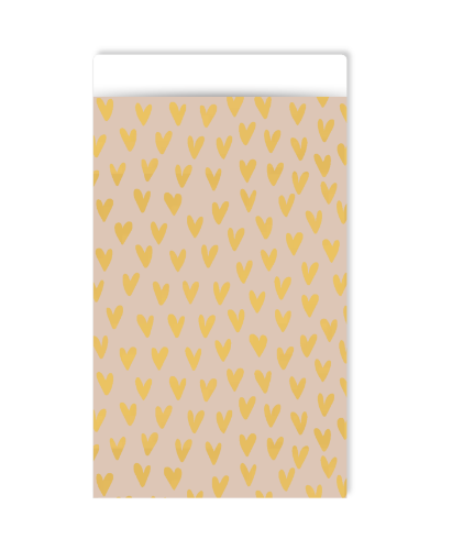 Cadeauzakjes 12x19cm Lots of love gold 250st Beige cadeauzakje met kleine gouden hartjes - 12x19cm