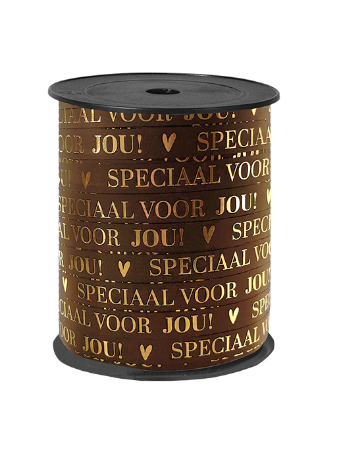 Bruin krullint met gouden tekst 'Speciaal voor jou' - Cadeaulint 10mmx150m
