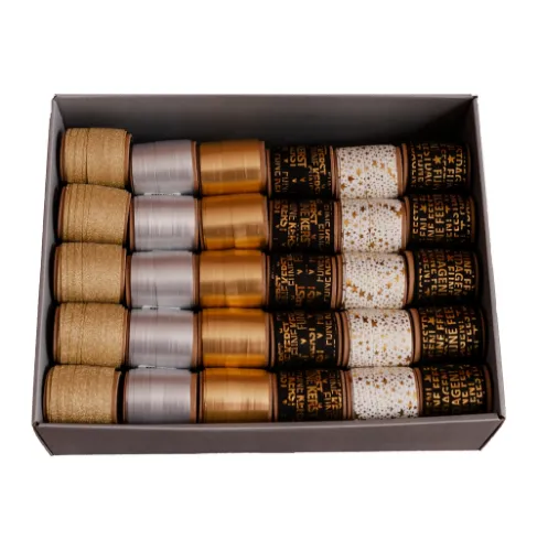 KP® Displaybox Krullint - Feestdagen - 10mmx10m Displaybox cadeaulinten - feestdagen - Goud/zilver