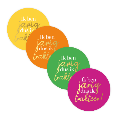 Verjaardagssticker ‘Ik ben jarig dus ik trakteer’ – 4 varianten – D40mm - Traktatie