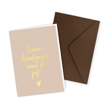 Beige kaart voor de juf - kerstgroet - gevouwen wenskaart met bruine envelop