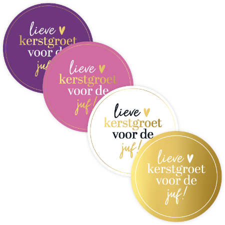 Kerststicker ‘Lieve kerstgroet voor de juf’ – 4 varianten – D50mm
