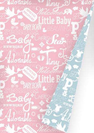 Afbeeldingen van Coated cadeaupapier 200m - Baby Chalkboard Light Pink/Light Blue