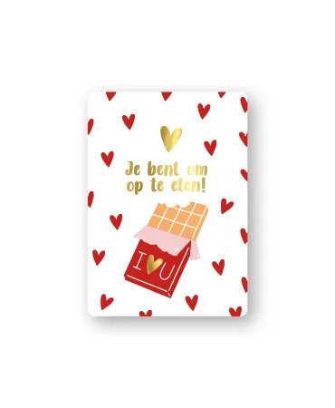 A7 Cadeaukaartjes 'Je bent om op te eten' in goudfolie met hartjes en chocola