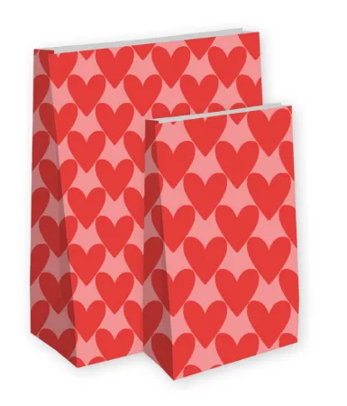 Roze kraft papieren zak met grote rode hartjes - Groot en klein formaat