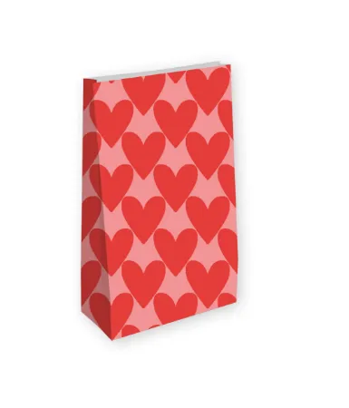 Roze kraft papieren zak met grote rode hartjes - 14+8x26cm