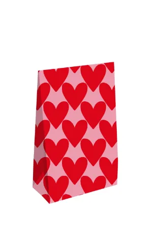Roze giftbag met rode hartjes - 13 x 6 x 17,5 + 4cm