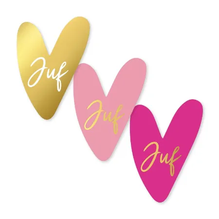 Juffen stickers -  3 Gekleurde hartjes met Juf in goud
