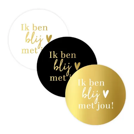 Ik ben blij met jou stickers - 3 ronde wensetiketten - Zwart/wit en goudfolie
